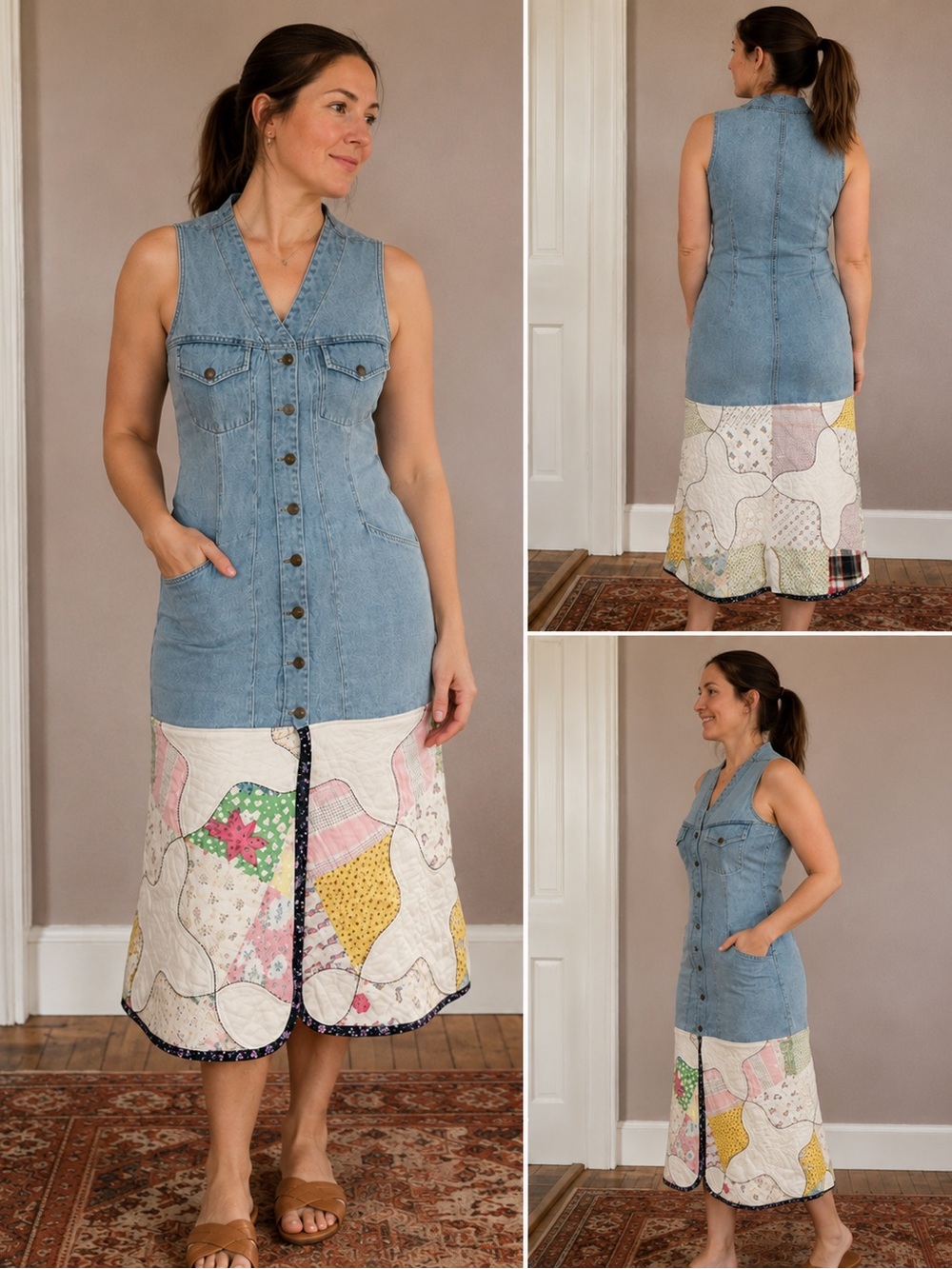 Vintage Reworked Denim Quilt Dress Upcycled Patchwork Prairie Midi Dress - Picture 5 of 6